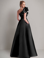A-Line Floor Length Sleeveless One Shoulder Wedding Guest Dress Satin with Pocket Shoulder Flower