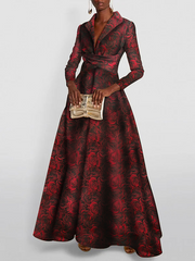 A-Line/Princess Floral Print Red Rose Mother of the Bride & Groom Dresses with V-Neck Long Sleeves