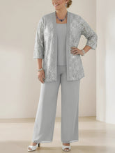 3 Pieces Scoop Neck 3/4 Sleeves Plus Size Mother of the Bride Pantsuits with Lace & Sequins & Jacket Ankle-Length