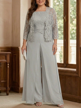3 Pieces Square Collar Chiffon Plus Size Mother of the Bride Pantsuits with Jacket Lace Ankle-Length with Overskirt 3/4 Sleeves