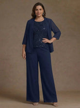 3 Pieces Suit Chiffon Plus Size Mother of the Bride Pantsuits with Jacket Scoop 3/4 Sleeves Ankle Length Lace Sequins