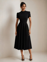 A-Line Stretch Satin Crew Neck Wedding Guest Dresses Tea-Length Pleated Short Sleeves