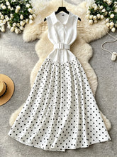 A-Line/Princess Polka Dot Shirt Collar Wedding Guest Dresses Tea-Length Sleeveless with Belt