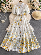 A-Line/Princess Floral Shirt Collar Wedding Guest Dresses Tea-Length Short Sleeves with Belt
