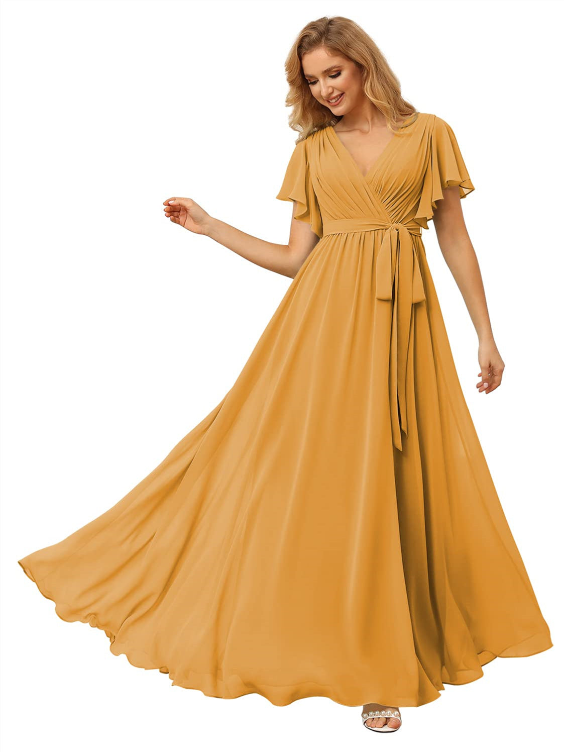 A Line/Princess Chiffon V-Neck Short Sleeves Ankle-Length Bridesmaid Dresses