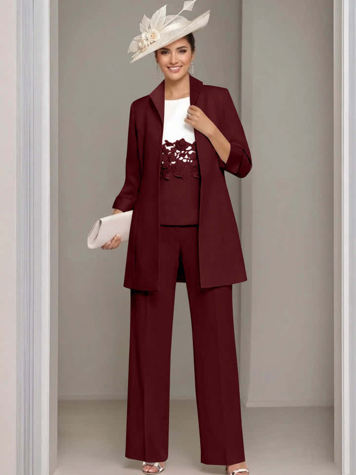 3 Pieces Square-Neck Ankle Length Mother of the Bride Pantsuits with Jacket & Appliques Lace
