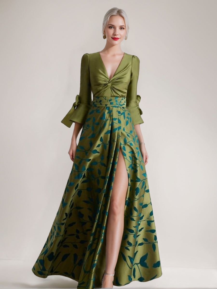 A-Line/Princess 3/4 Sleeves Printed Leaves Mother of the Bride Dresses with Split Side & Belt & Ruffles