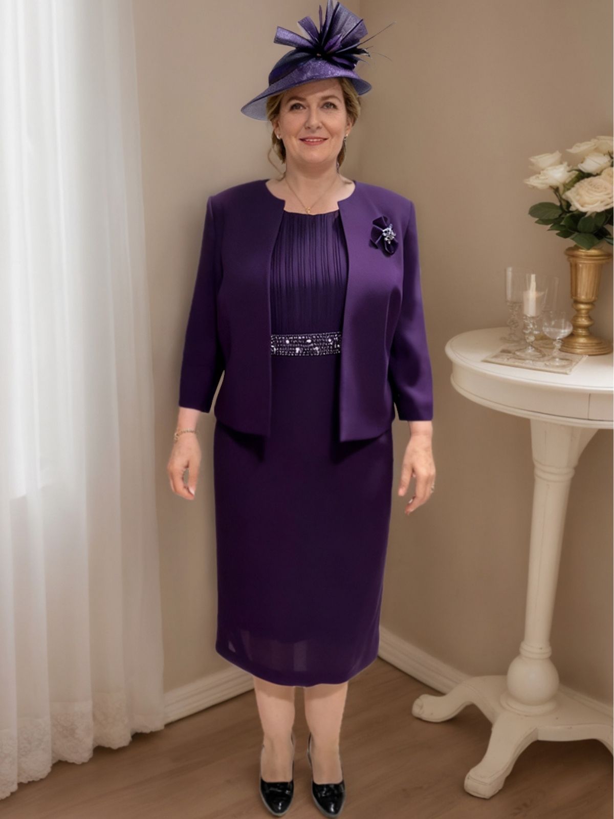 2 Pieces Tea Length Mother of the Bride Dresses with Jacket & Sequins