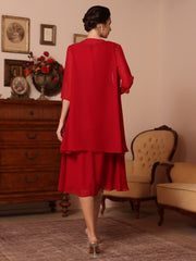 2 Pieces Sheath/Column V-Neck Chiffon Mother of the Bride Dresses with Jacket Beading Knee-Length Half Sleeves
