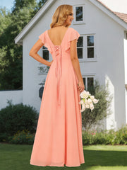A-Line/Princess  V Neck Short Sleeve Floor Length  Bridesmaid Dresses With  Ruffled Split